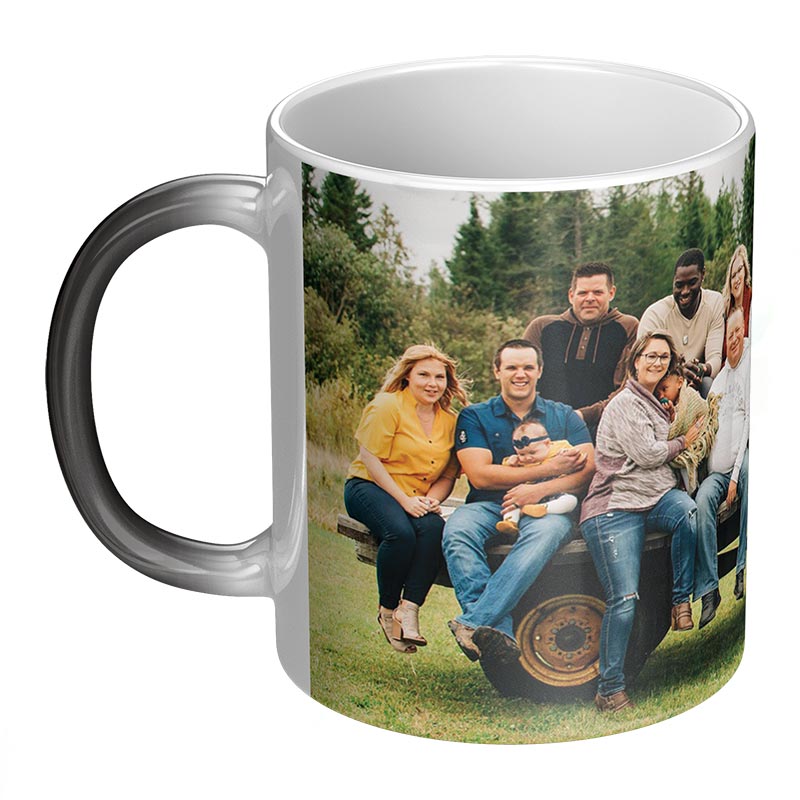 Picture custom mug with a printed photo of a group of people outdoors on a white background