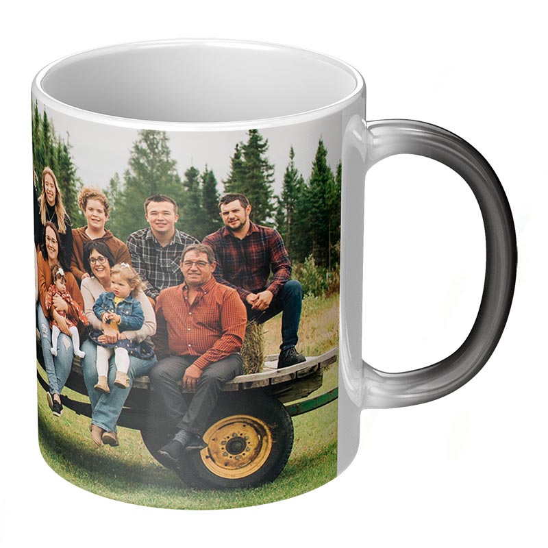 custom picture coffee mug with a family photo printed on it, featuring a group of people sitting on a cart in a forest.