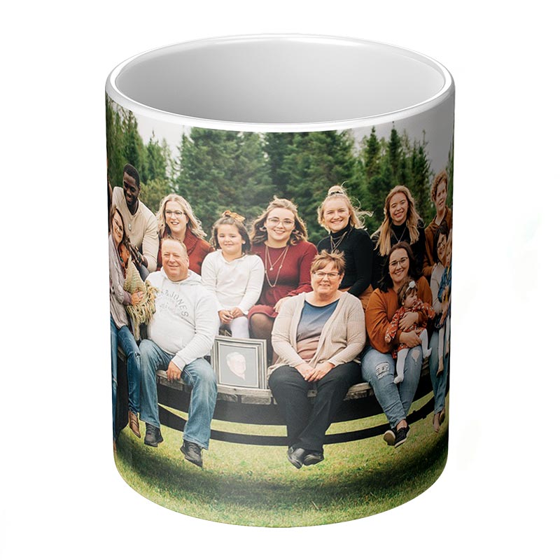 personalized picture coffee mug with a printed family photo on a white background.