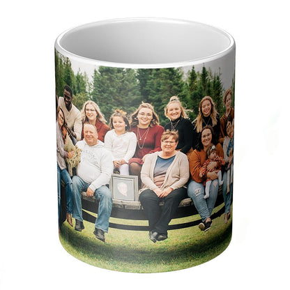 personalized picture coffee mug with a printed family photo on a white background.