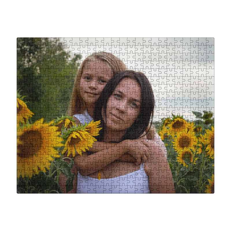 Custom photo jigsaw puzzle featuring a woman and a young girl hugging in a vibrant sunflower field.