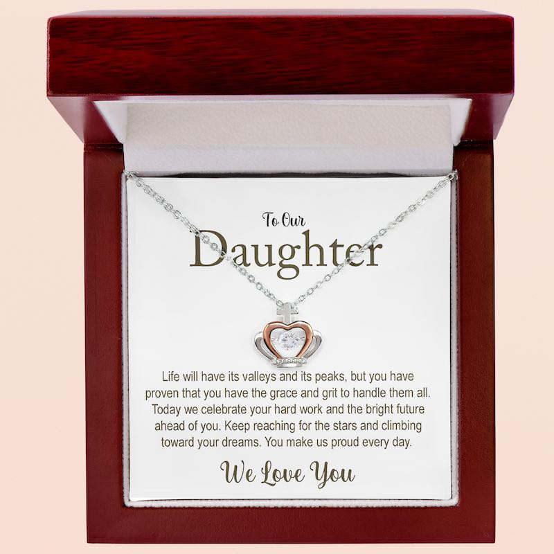 daughter graduation message: necklace with crown heart design in a wooden box with a message card for daughter.