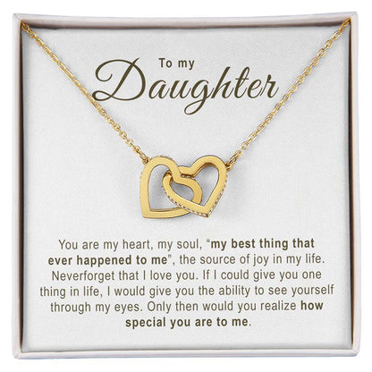 Gold necklace with interlocking hearts in a gift box addressed to 'Daughter', featuring an emotional message.