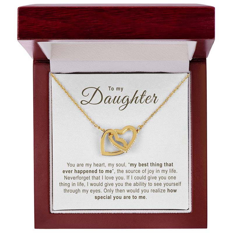 Gold necklace with interlocking hearts in a mahogany gift box with a message card.