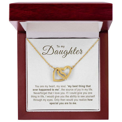 Gold necklace with interlocking hearts in a mahogany gift box with a message card.