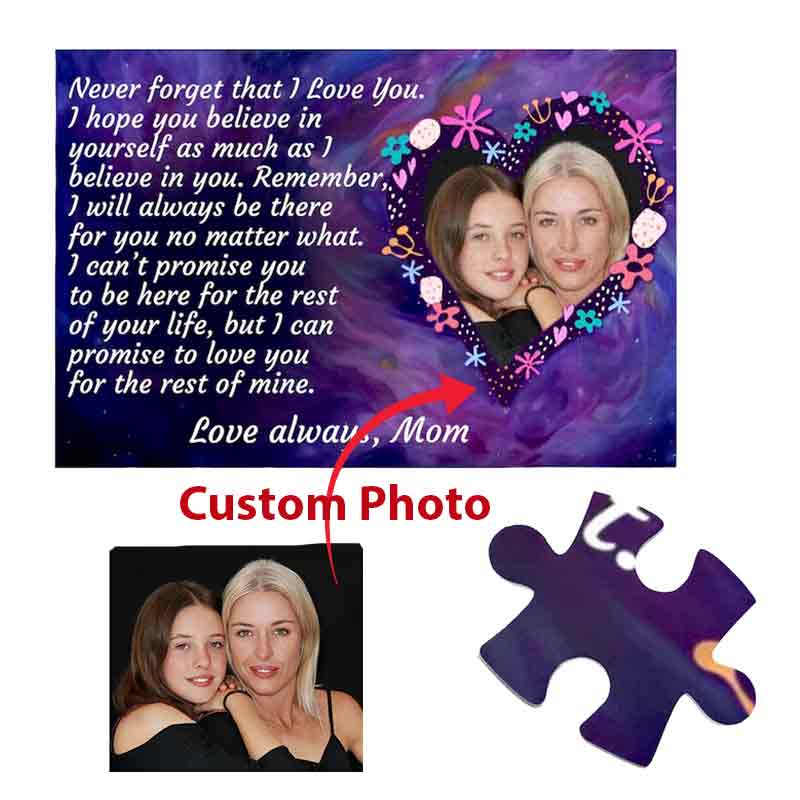 Custom photo jigsaw puzzle demonstration showing a user-uploaded photo of a mother and daughter pointed to by a red arrow labeled "Custom Photo" pointing into the heart-shaped frame on the puzzle design.   
