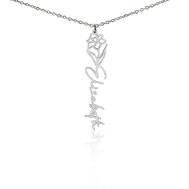 Personalized name necklace with December birth flower Narcissus pendant and custom 'Elizabeth' engraving on a white background

