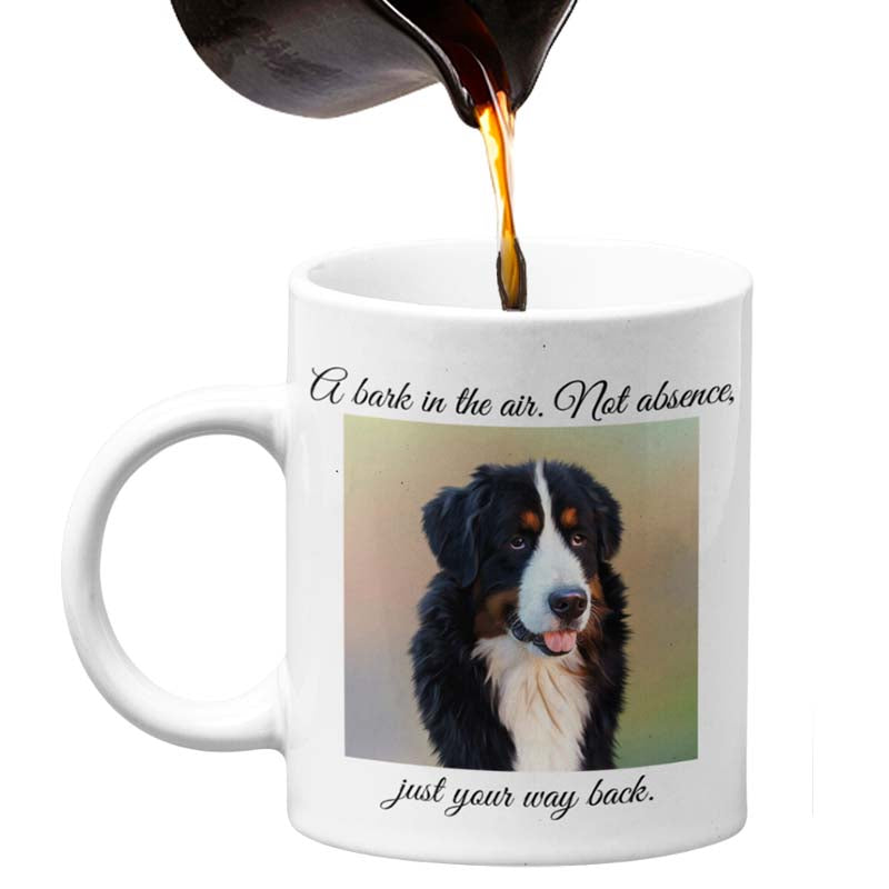 Mug with a dog picture and text, coffee being poured into it