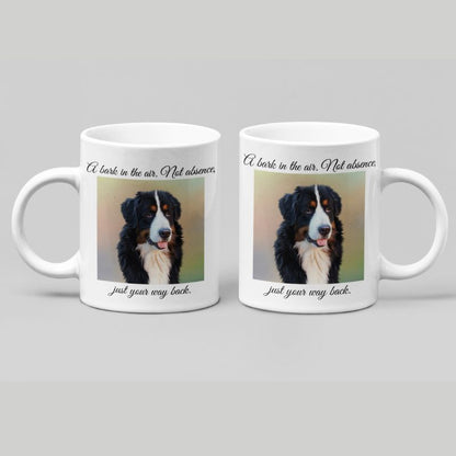 Two white mugs with a Bernese Mountain Dog illustration and text on a gray background