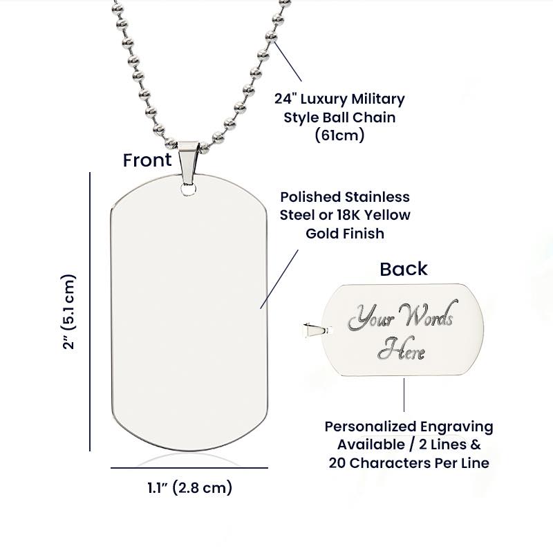 A product diagram of a stainless steel military-style dog tag necklace with a ball chain, showing front and back views with dimensions and customization text on a white background.