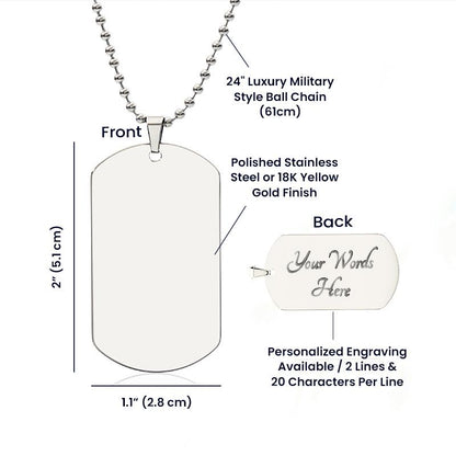 A product diagram of a stainless steel military-style dog tag necklace with a ball chain, showing front and back views with dimensions and customization text on a white background.