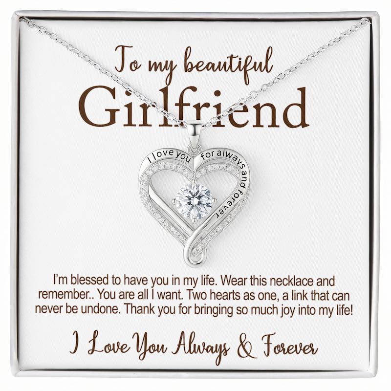 Gifts for Girlfriend: Heart-shaped necklace with a message card for a girlfriend on a white background