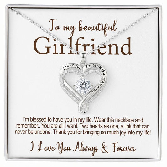 Gifts for Girlfriend: Heart-shaped necklace with a message card for a girlfriend on a white background