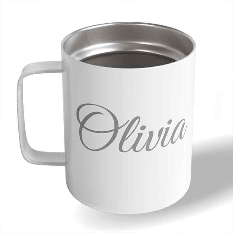 White custom engraved 10 oz insulated stainless steel coffee mug personalized with the name "Olivia" in cursive script on a plain white surface.
