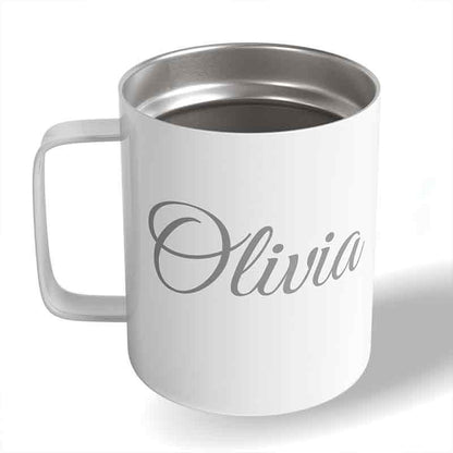 White custom engraved 10 oz insulated stainless steel coffee mug personalized with the name "Olivia" in cursive script on a plain white surface.