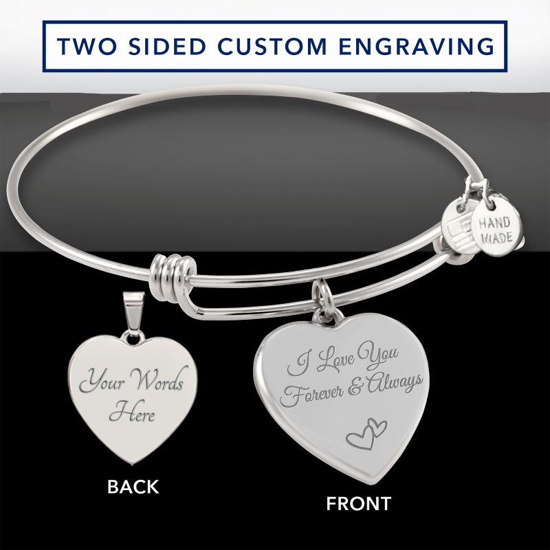 Anniversary gifts for wife: Silver adjustable bracelet with heart-shaped charms for two-sided engraving on a black background.