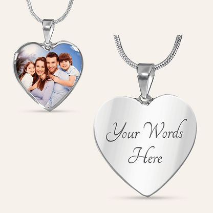 photo heart necklace: heart-shaped silver pendant with a family photo on one side and 'Your Words Here' text on the other, on a white background.