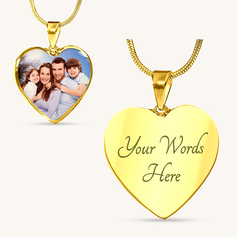 photo necklace: gold heart-shaped pendant with 'Your Words Here' engraving and another heart-shaped pendant with a family photo.