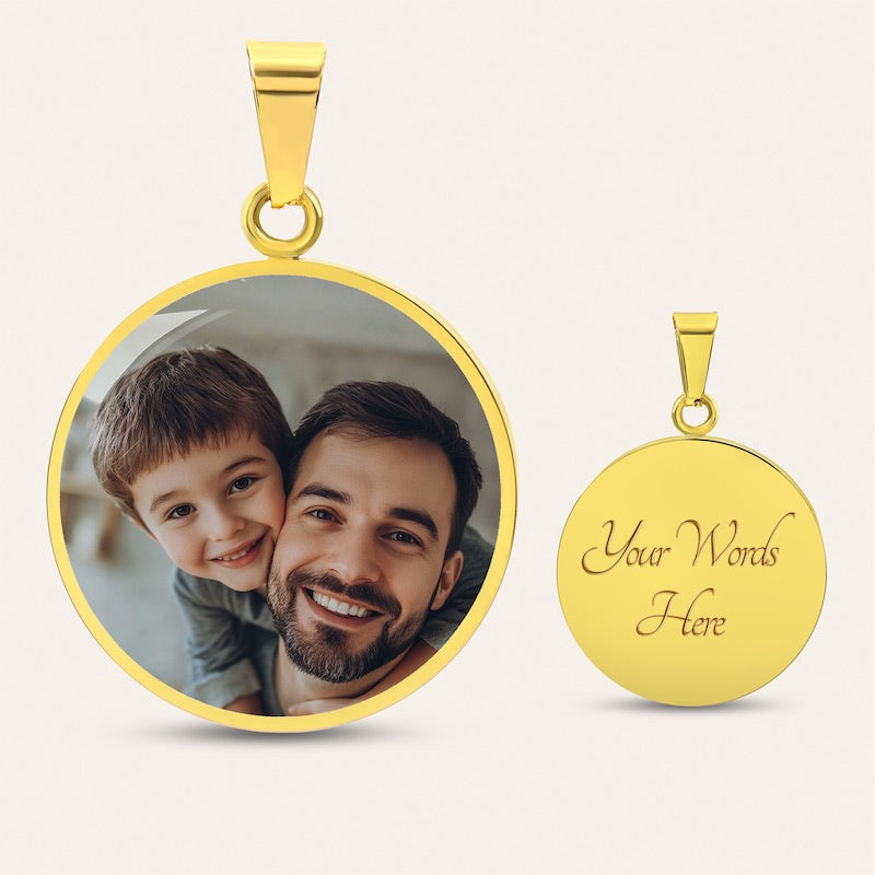 Personalized gold circle photo pendant necklace with custom photo front and engraving option on back.
