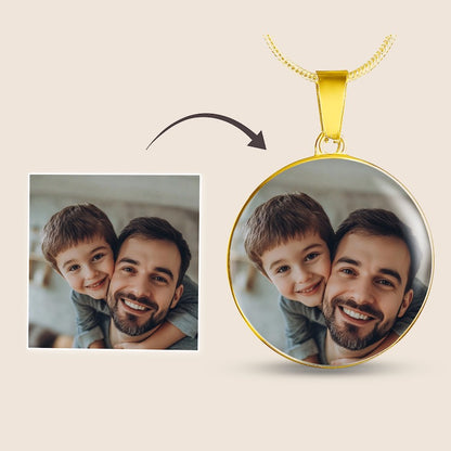 Gold personalized photo necklace customized with a meaningful father and son photo