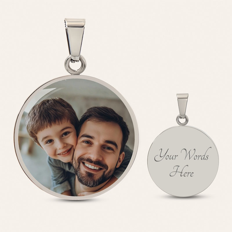 Personalized silver circle photo pendant necklace with custom photo front and engraving option on back.