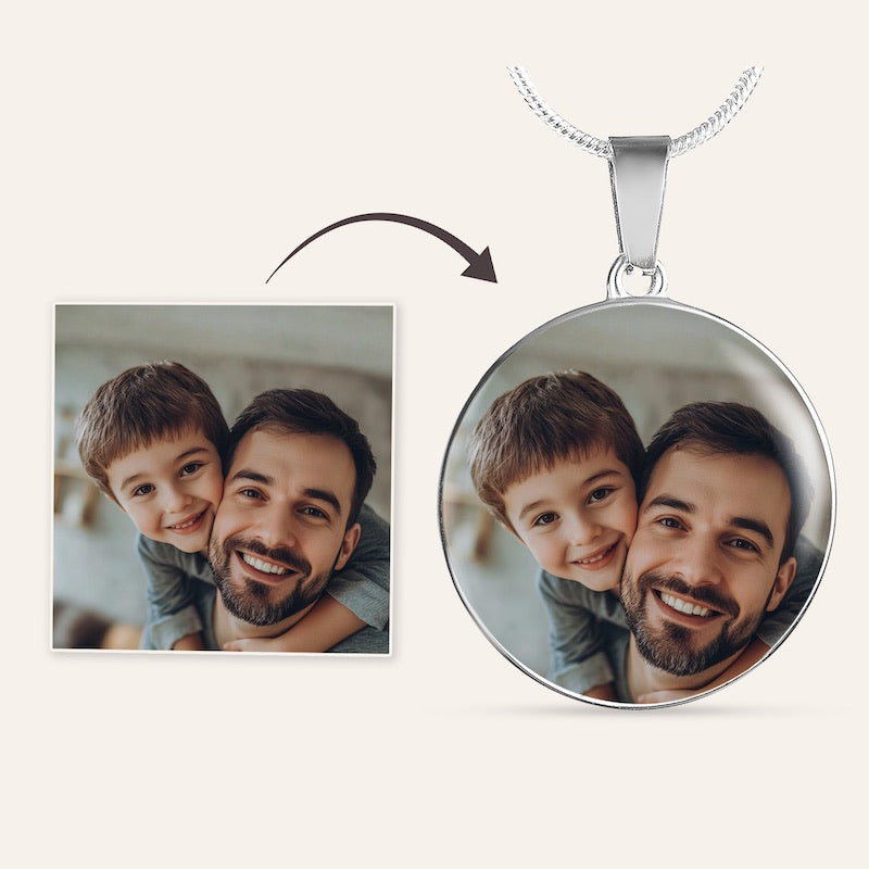 Silver personalized photo pendant necklace with circular design and father and son image
