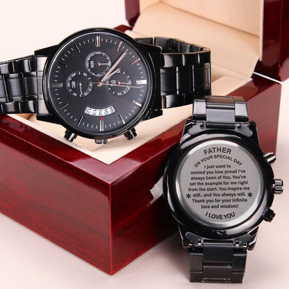 Father Custom Watch: Black wristwatch with engraved message displayed on a red box