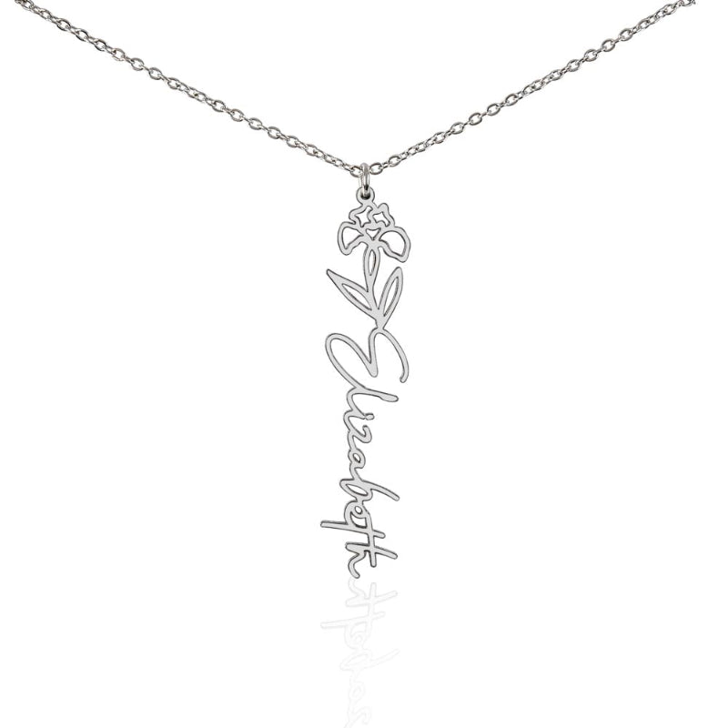 Silver name necklace with February birth flower iris pendant and personalized 'Elizabeth' engraving in a white background