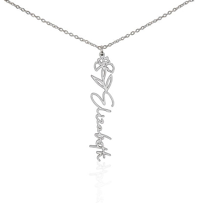 Silver name necklace with February birth flower iris pendant and personalized 'Elizabeth' engraving in a white background