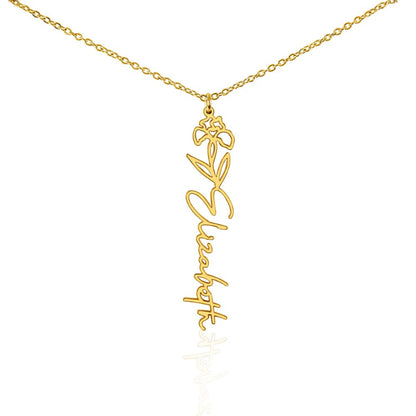 Gold name necklace with February birth flower iris pendant and personalized 'Elizabeth' engraving on a white background