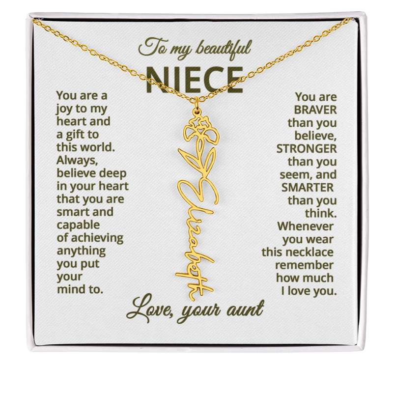 Gold necklace with iris flower design with sentimental message for niece on a white card