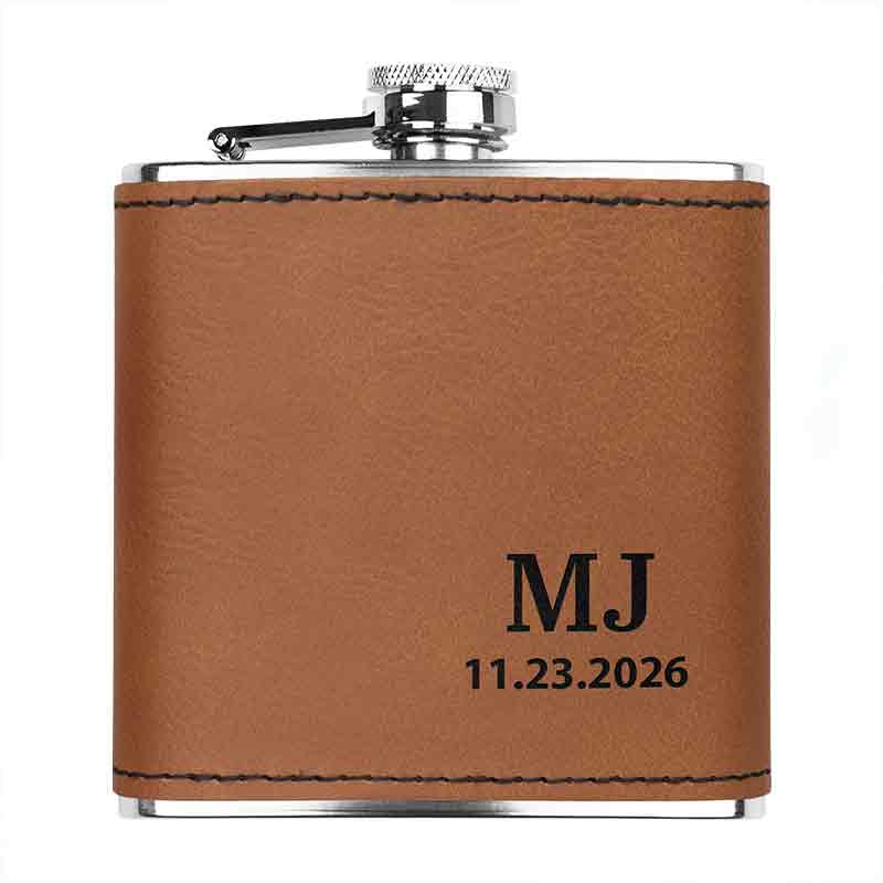 Stainless steel custom engraved flask in rawhide color, display personalized initials and date engraving.