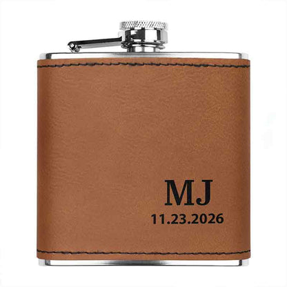 Stainless steel custom engraved flask in rawhide color, display personalized initials and date engraving.
