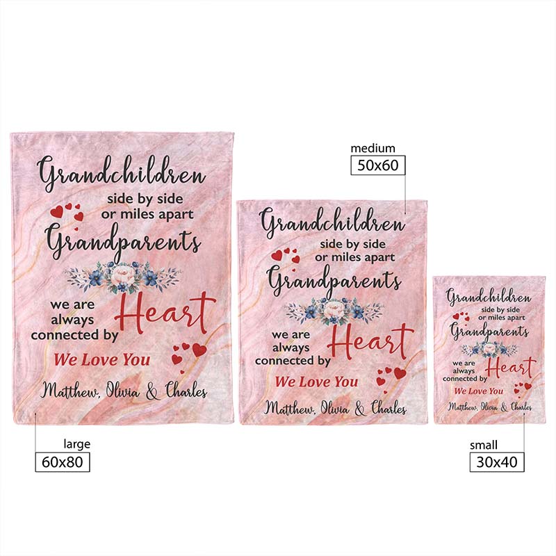 Three sizes of a pink floral fleece blankets with text for grandparents on a white background