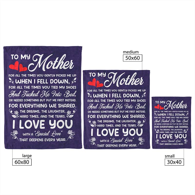 Three sizes of purple fleece blankets, with a meaningful text 'To My Mother' displayed with blanket measurements, on a white background