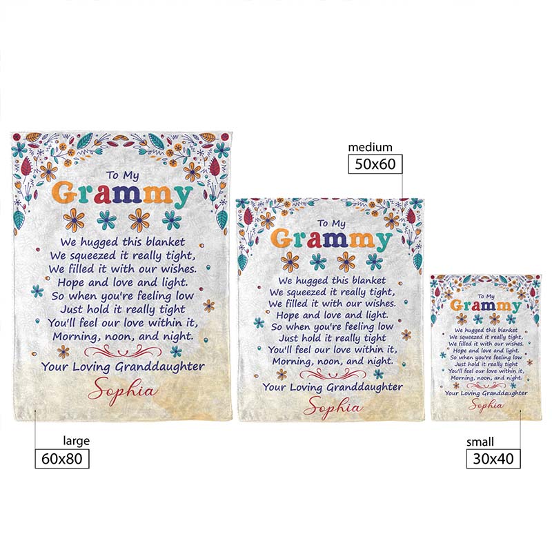 Three sizes of beige blankets, with a heartfelt text for 'My Grammy' from granddaughter, displayed with blanket measurements, on a white background.