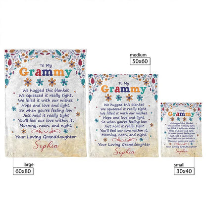 Three sizes of beige blankets, with a heartfelt text for 'My Grammy' from granddaughter, displayed with blanket measurements, on a white background.