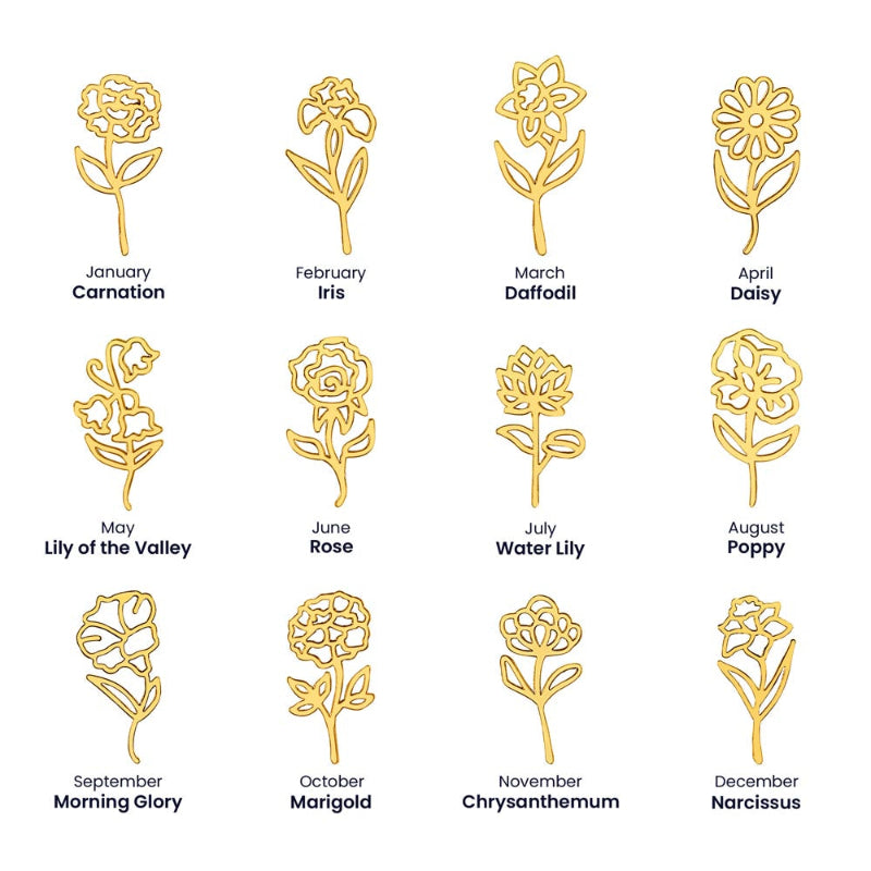 Illustrations of flowers for each month with their names underneath for gold necklace, on a white background.