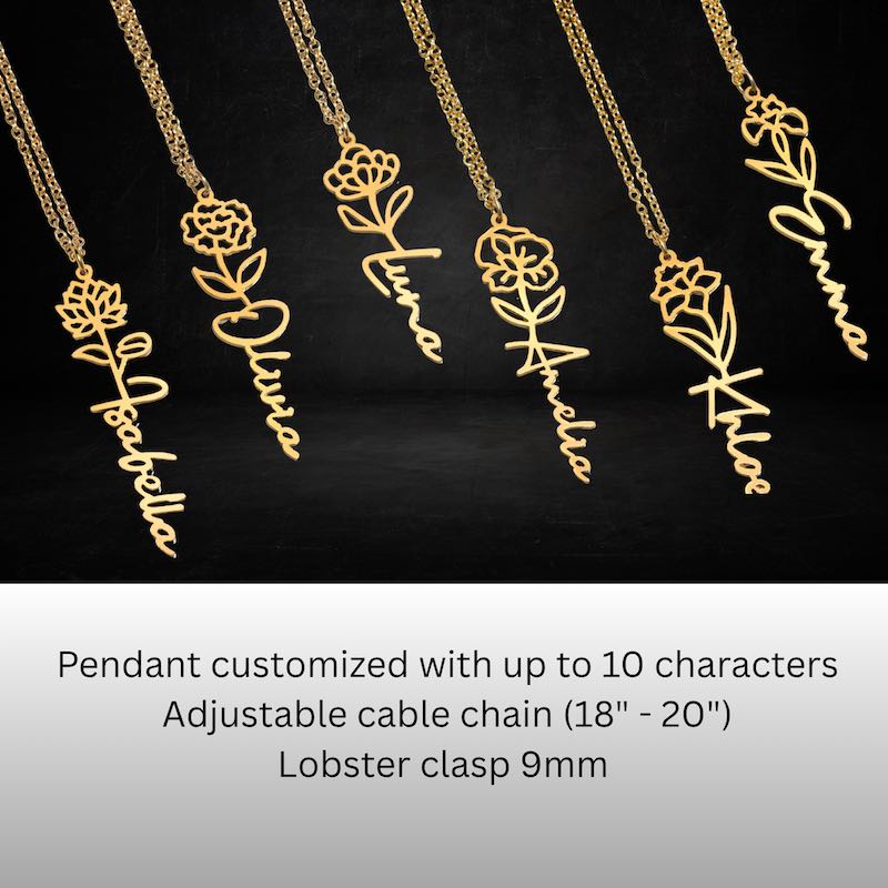 Gold necklaces with floral designs and customizable text on a dark background
