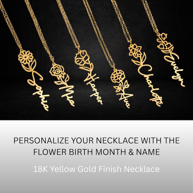 Gold necklaces with floral designs and names on a black background