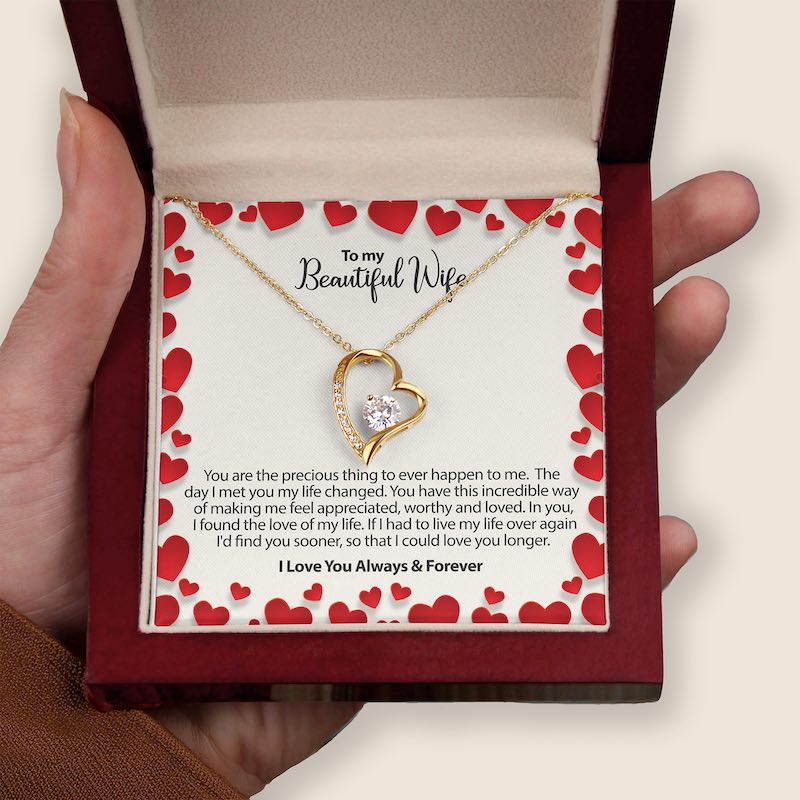 husband to wife gift: Heart-shaped necklace in a gift box with a message for a wife