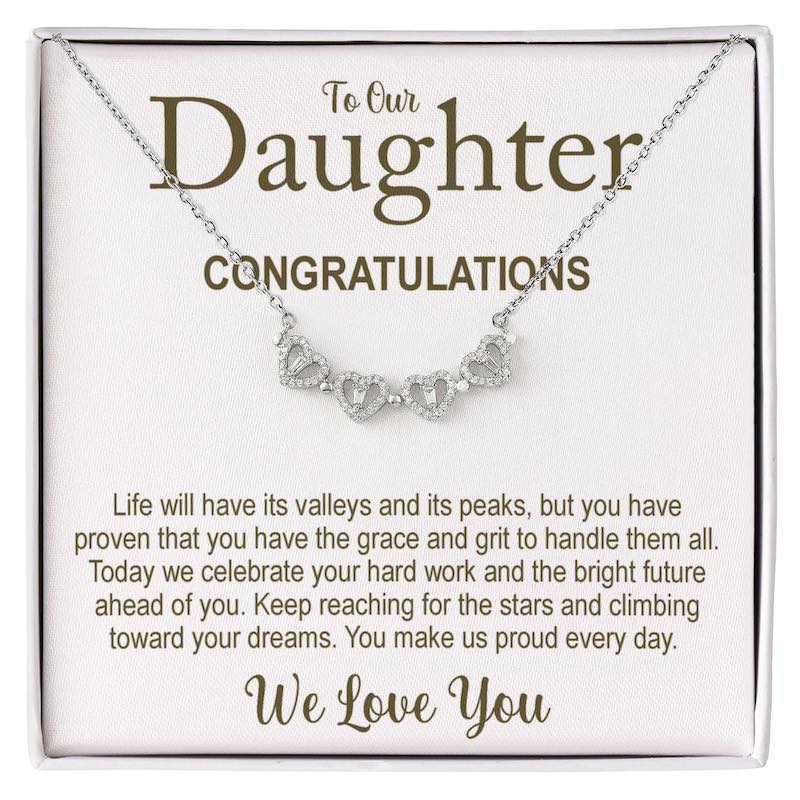 Daughter Graduation Gift: necklace with card for daughter, celebrating graduation, hard work and dreams ahead.