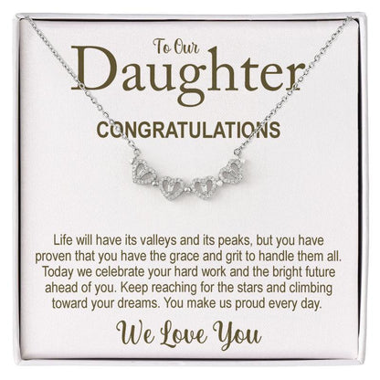 Daughter Graduation Gift: necklace with card for daughter, celebrating graduation, hard work and dreams ahead.