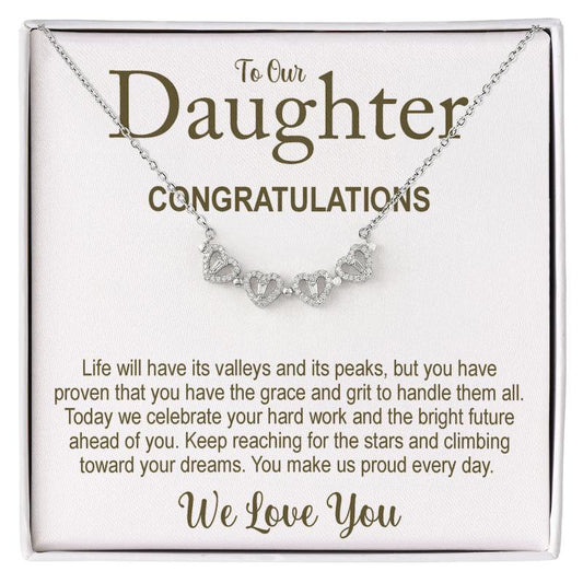Daughter Graduation Gift: necklace with card for daughter, celebrating graduation, hard work and dreams ahead.