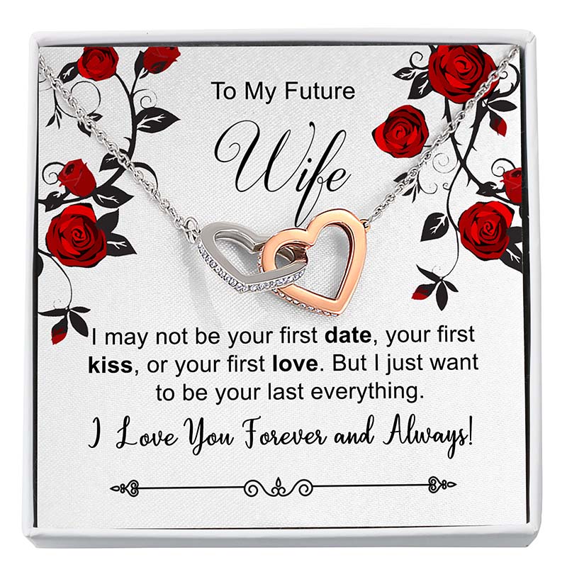 future wife necklace with interlocking heart pendants on a card with red roses and romantic text.