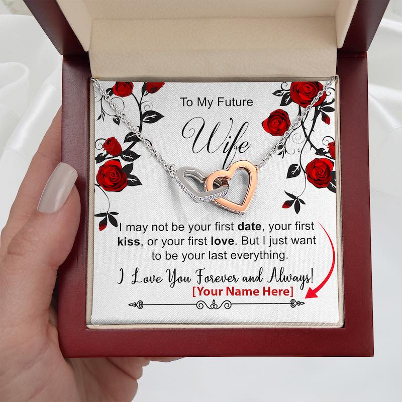 future wife gift necklace with heart design in a box with red roses and personalized message.