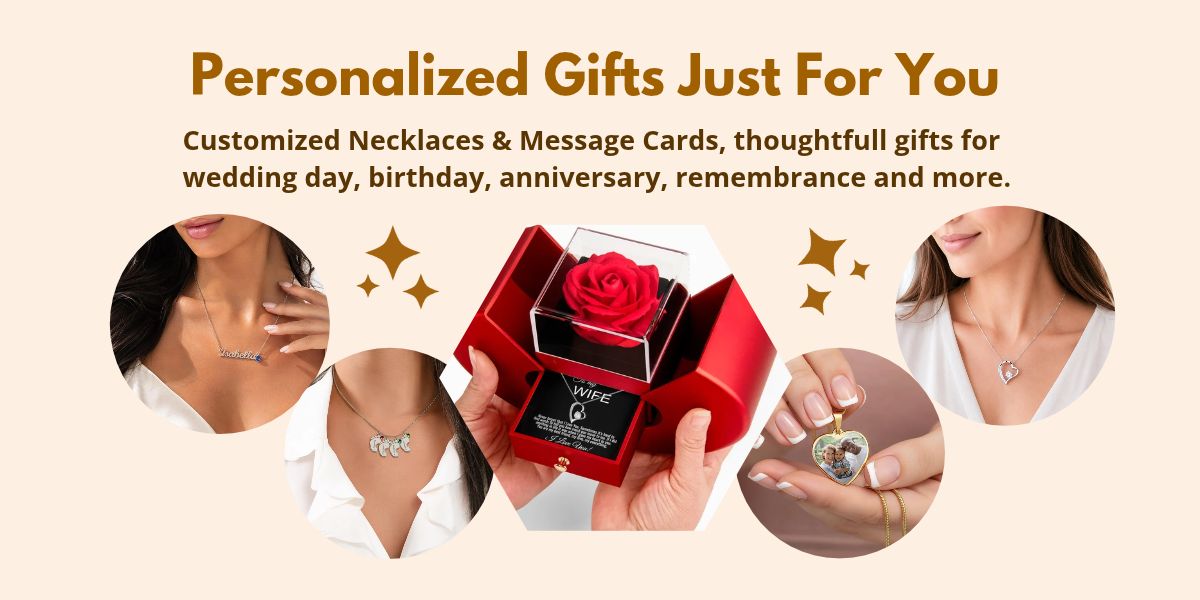 Promotional graphic for personalized jewelry and message gifts, showing a red jewelry box with a rose, several circular photos of women wearing necklaces, and text that says 'Personalized Jewelry & Message Gifts' with examples for wedding, birthday, anniversary, and remembrance.