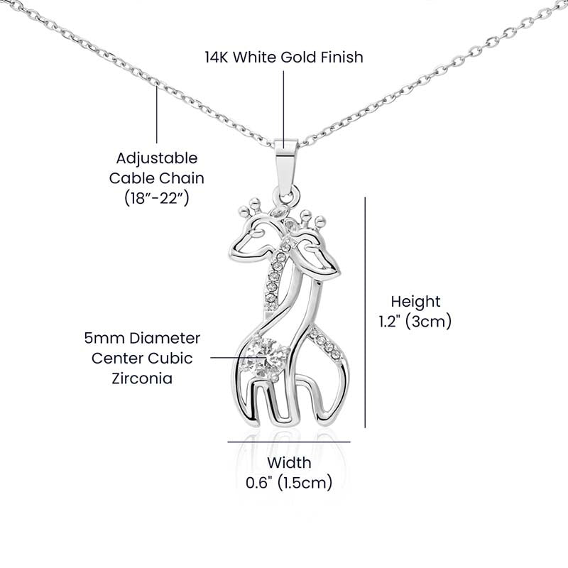 Giraffe pendant necklace on an adjustable chain, shown with labeled details including 14K white gold finish, 5mm cubic zirconia center stone, and pendant size measurements.