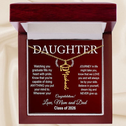 Daughter graduating gifts: Graduation-themed necklace with sentimental message for a daughter, displayed in a box.

