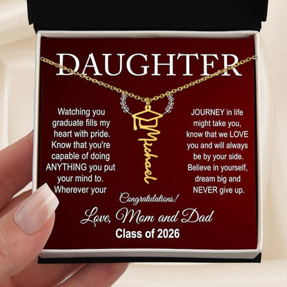 Daughter graduation jewelry necklace in a gift box addressed to 'Daughter', with personalized text.